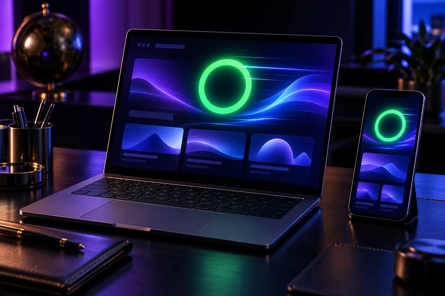 Laptop y celular en un escritorio mostrando un sitio web con puntaje de velocidad al máximo
